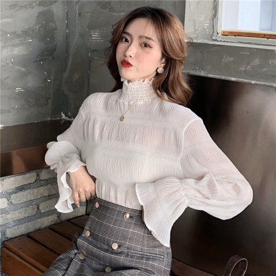 Új modell női blúz magas gallérral és hosszú ujjal