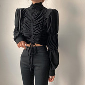 Модерна дамска блуза с висока яка и връзки