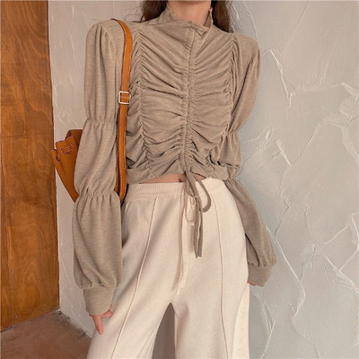 Модерна дамска блуза с висока яка и връзки