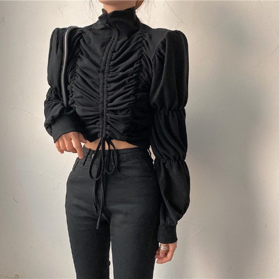 Модерна дамска блуза с висока яка и връзки