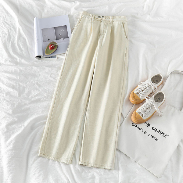 Női alkalmi hosszú farmernadrág magas derékkal és zsebekkel