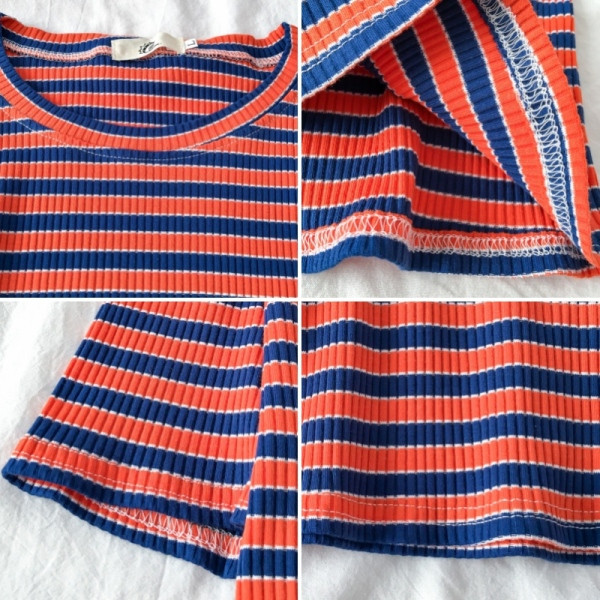 Dryžuoti moteriški marškinėliai trumpomis rankovėmis ir ovalia iškirpte