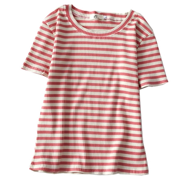 Dryžuoti moteriški marškinėliai trumpomis rankovėmis ir ovalia iškirpte