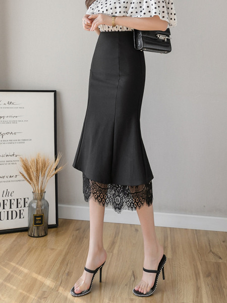 Modern női aszimmetrikus szoknya csipkével és magas derékkal