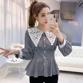 Rūtains sieviešu krekls ar apaļu kakla izgriezumu un pogām