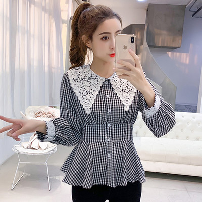 Rūtains sieviešu krekls ar apaļu kakla izgriezumu un pogām