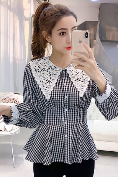 Rūtains sieviešu krekls ar apaļu kakla izgriezumu un pogām