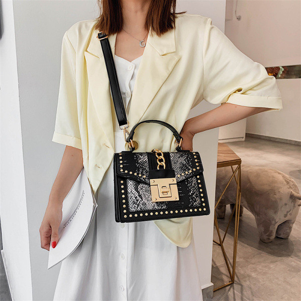 Stilingas moteriškas krepšys su gyvatės raštu ir metaliniais elementais