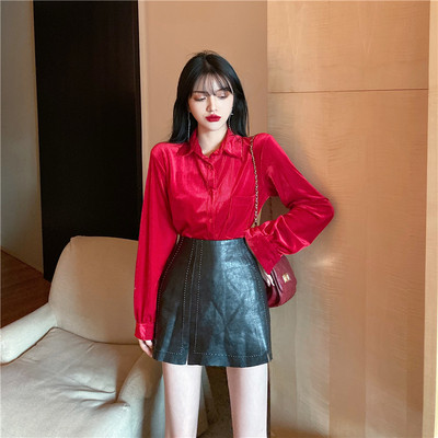 Retro sieviešu velveta krekls ar klasisku apkakli