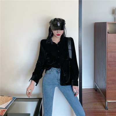 Retro sieviešu velveta krekls ar klasisku apkakli