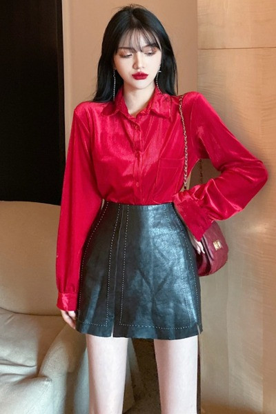 Retro sieviešu velveta krekls ar klasisku apkakli