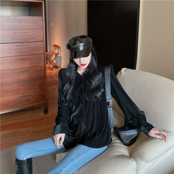 Retro sieviešu velveta krekls ar klasisku apkakli