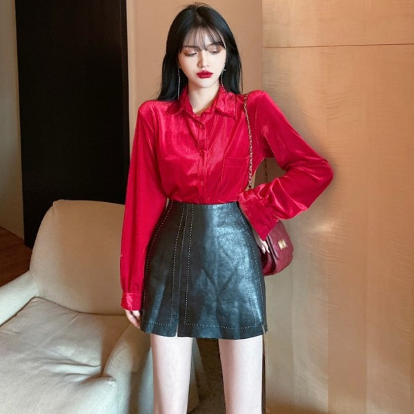 Retro sieviešu velveta krekls ar klasisku apkakli