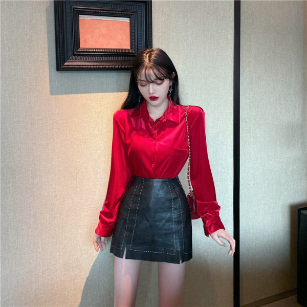 Retro sieviešu velveta krekls ar klasisku apkakli