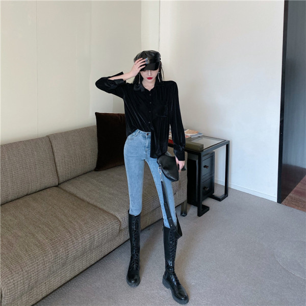 Retro sieviešu velveta krekls ar klasisku apkakli