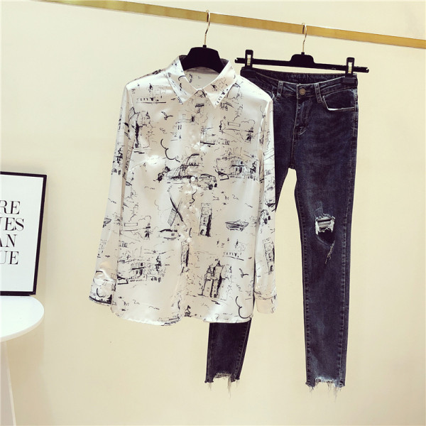 Модерна дамска риза с класическа яка и апликация 