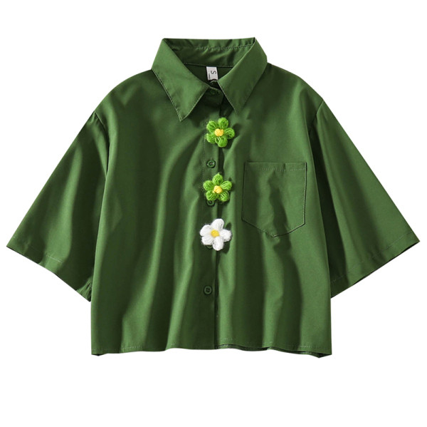 Ikdienas sieviešu īsā blūze ar 3D elementu un kabatu zaļā krāsā