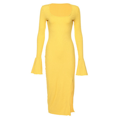 Ежедневна дамска дълга рокля с дълъг ръкав и цепка