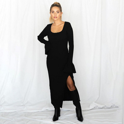 Ежедневна дамска дълга рокля с дълъг ръкав и цепка