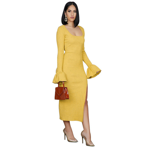 Ежедневна дамска дълга рокля с дълъг ръкав и цепка 