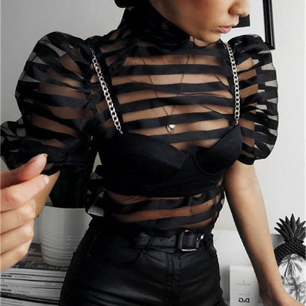 Šiuolaikinė moteriška permatoma palaidinė ilgomis rankovėmis ir aukšta apykakle