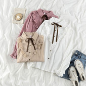 Дамска ежедневна риза от рипсено кадифе с панделка и класическа яка