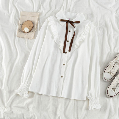 Дамска ежедневна риза от рипсено кадифе с панделка и класическа яка