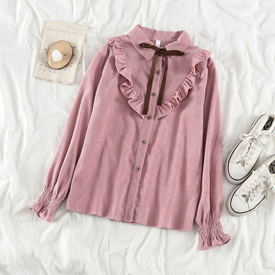 Дамска ежедневна риза от рипсено кадифе с панделка и класическа яка