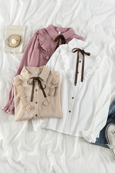 Дамска ежедневна риза от рипсено кадифе с панделка и класическа яка