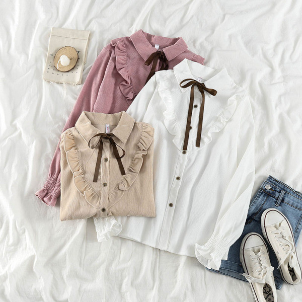 Дамска ежедневна риза от рипсено кадифе с панделка и класическа яка