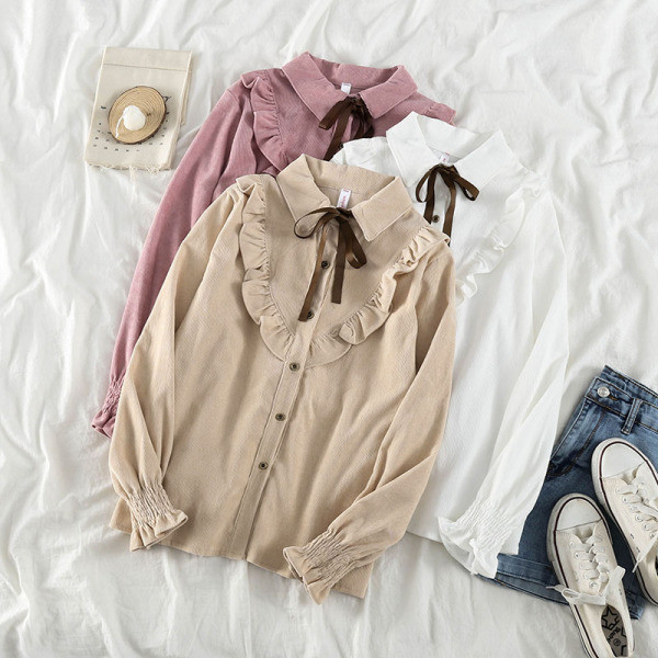 Дамска ежедневна риза от рипсено кадифе с панделка и класическа яка