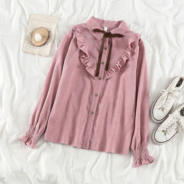 Дамска ежедневна риза от рипсено кадифе с панделка и класическа яка