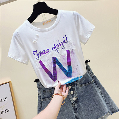 Sieviešu ikdienas t-krekls ar apaļu kakla izgriezumu un krāsainu aplikāciju