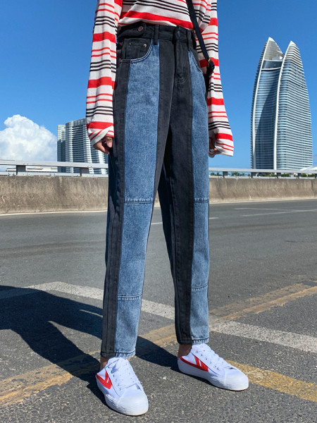 Divu toņu sieviešu džinsu taisns modelis ar augstu vidukli un izmēriem līdz 5XL