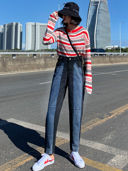 Divu toņu sieviešu džinsu taisns modelis ar augstu vidukli un izmēriem līdz 5XL