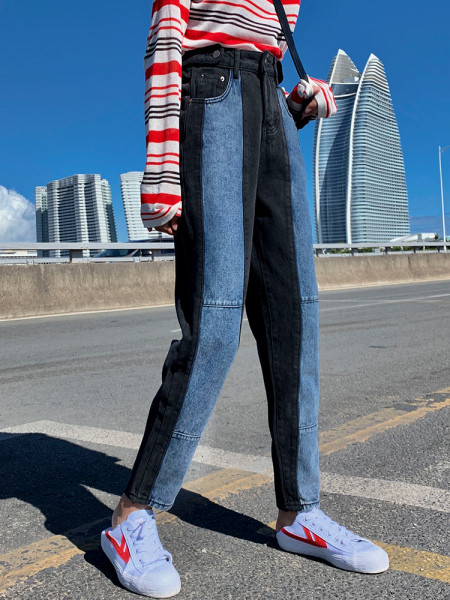 Divu toņu sieviešu džinsu taisns modelis ar augstu vidukli un izmēriem līdz 5XL