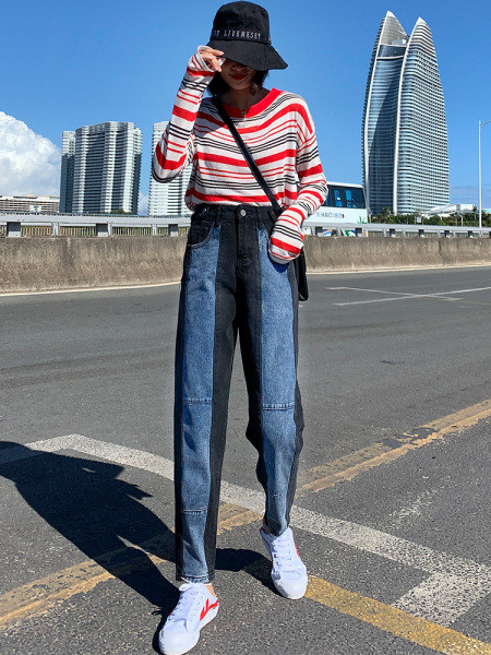 Divu toņu sieviešu džinsu taisns modelis ar augstu vidukli un izmēriem līdz 5XL