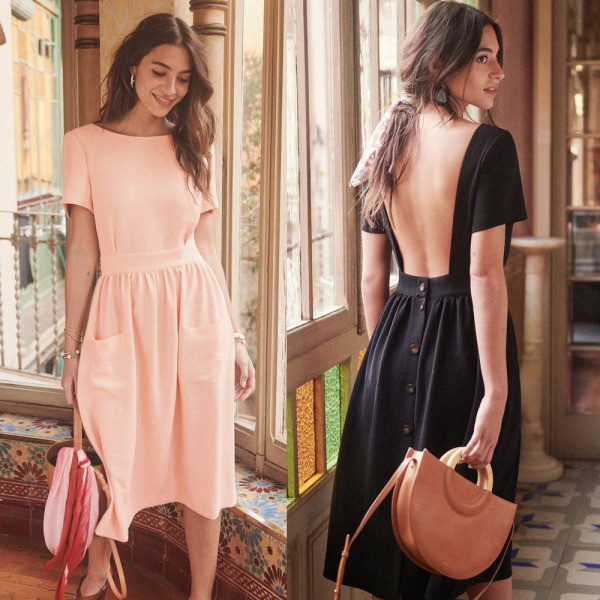 Ikdienas sieviešu kleita ar atkailinātu muguru un pogām