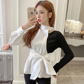 Aktualūs moteriški marškiniai su kaspinu ir ilgomis rankovėmis