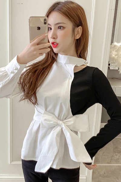 Aktualūs moteriški marškiniai su kaspinu ir ilgomis rankovėmis