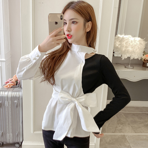 Aktualūs moteriški marškiniai su kaspinu ir ilgomis rankovėmis