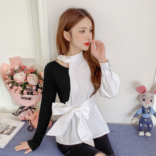 Aktualūs moteriški marškiniai su kaspinu ir ilgomis rankovėmis