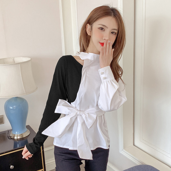 Aktualūs moteriški marškiniai su kaspinu ir ilgomis rankovėmis