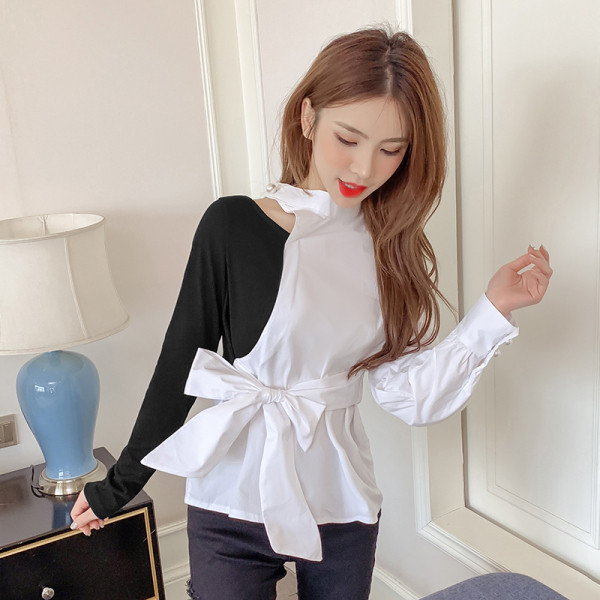 Aktualūs moteriški marškiniai su kaspinu ir ilgomis rankovėmis