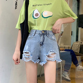 Naujas džinsinių šortų modelis aukštu liemeniu, suplyšusiais motyvais ir dydžiais iki 5XL