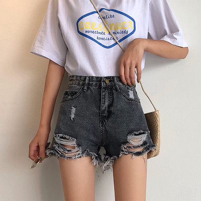 Naujas džinsinių šortų modelis aukštu liemeniu, suplyšusiais motyvais ir dydžiais iki 5XL