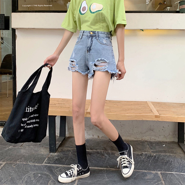 Naujas džinsinių šortų modelis aukštu liemeniu, suplyšusiais motyvais ir dydžiais iki 5XL