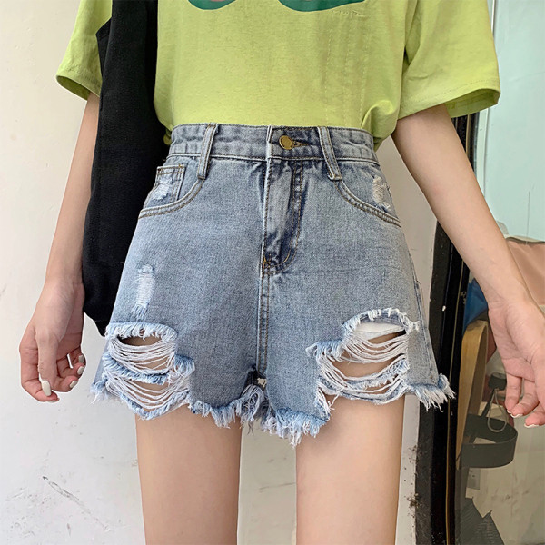 Naujas džinsinių šortų modelis aukštu liemeniu, suplyšusiais motyvais ir dydžiais iki 5XL