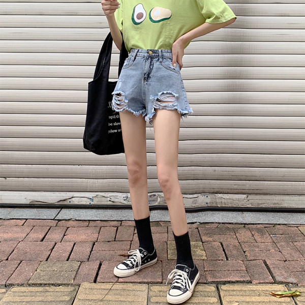 Naujas džinsinių šortų modelis aukštu liemeniu, suplyšusiais motyvais ir dydžiais iki 5XL