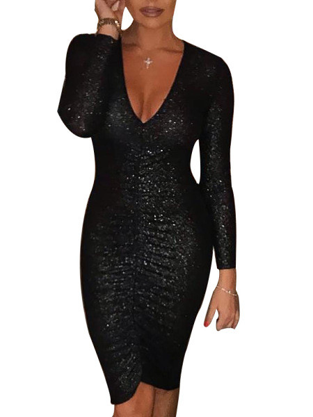 Formāla sieviešu īsa kleita ar dziļu kakla izgriezumu un garām piedurknēm